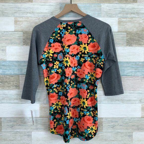 LuLaRoe Randy Baseball Tee Gray Pink Floral Print Womens XS - Picture 2 of 5
